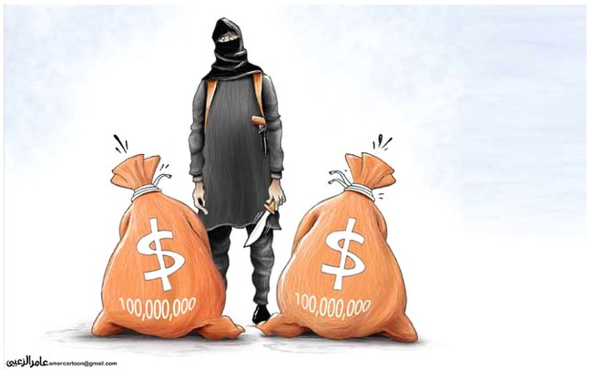 كاريكاتيريوضح علاقة داعش بالرهائن التي يتم القبض عليها